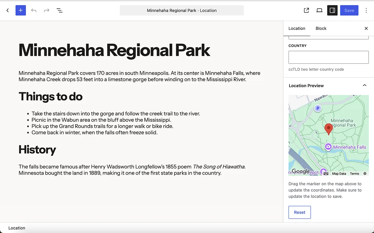 The block editor with a description of Minnehaha Regional Park, beside the Location sidebar showing address fields and a map preview with the park’s pin.