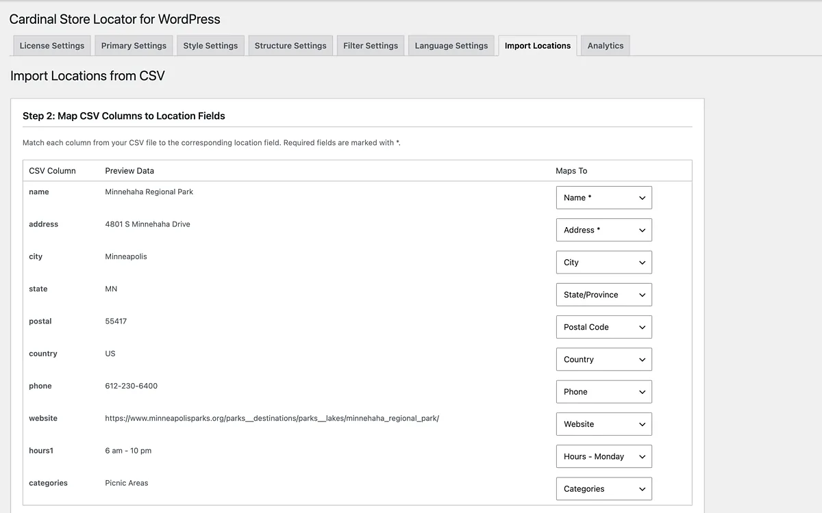 Step 2 of the CSV import, with each column in the file matched to a location field and a preview of the first row.