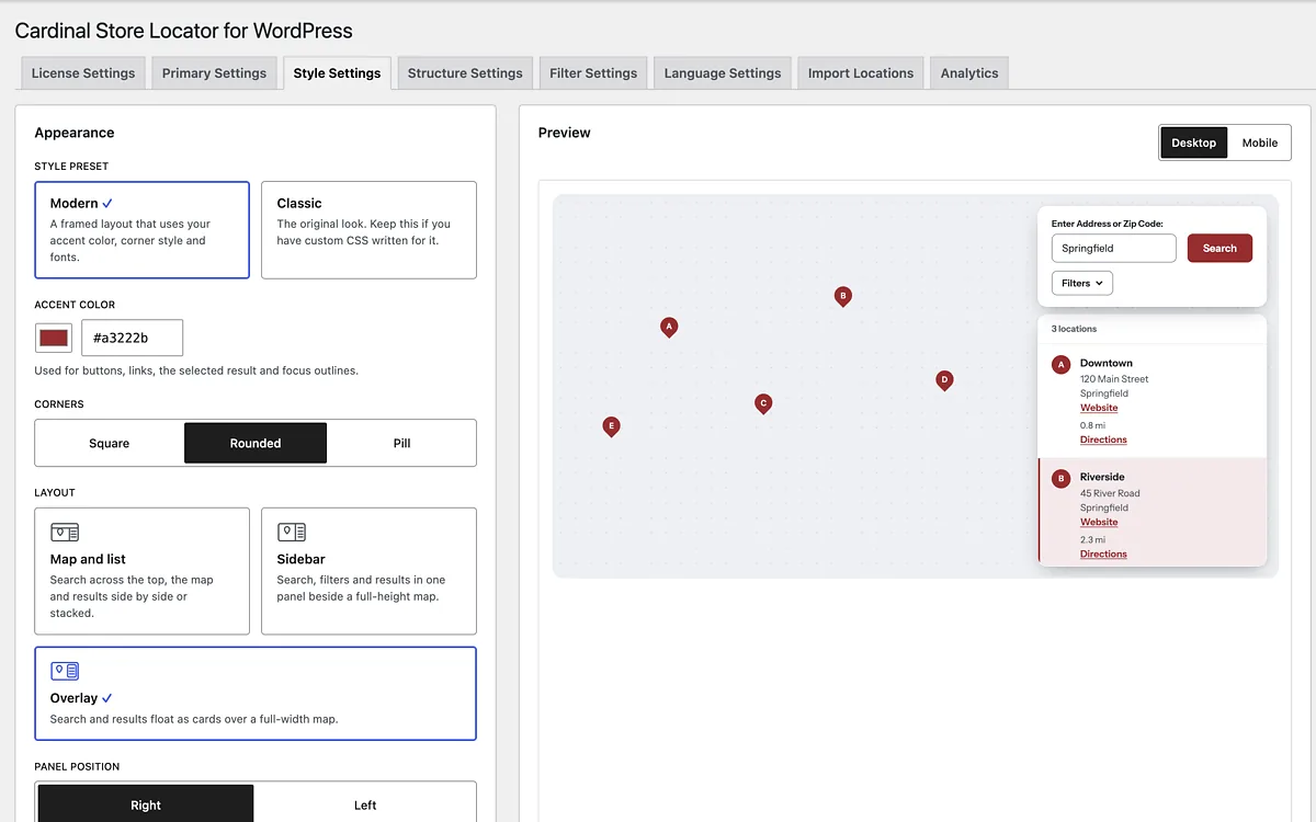 The Style Settings tab with the Modern look, Overlay layout and a red accent selected, beside a live preview of the locator.