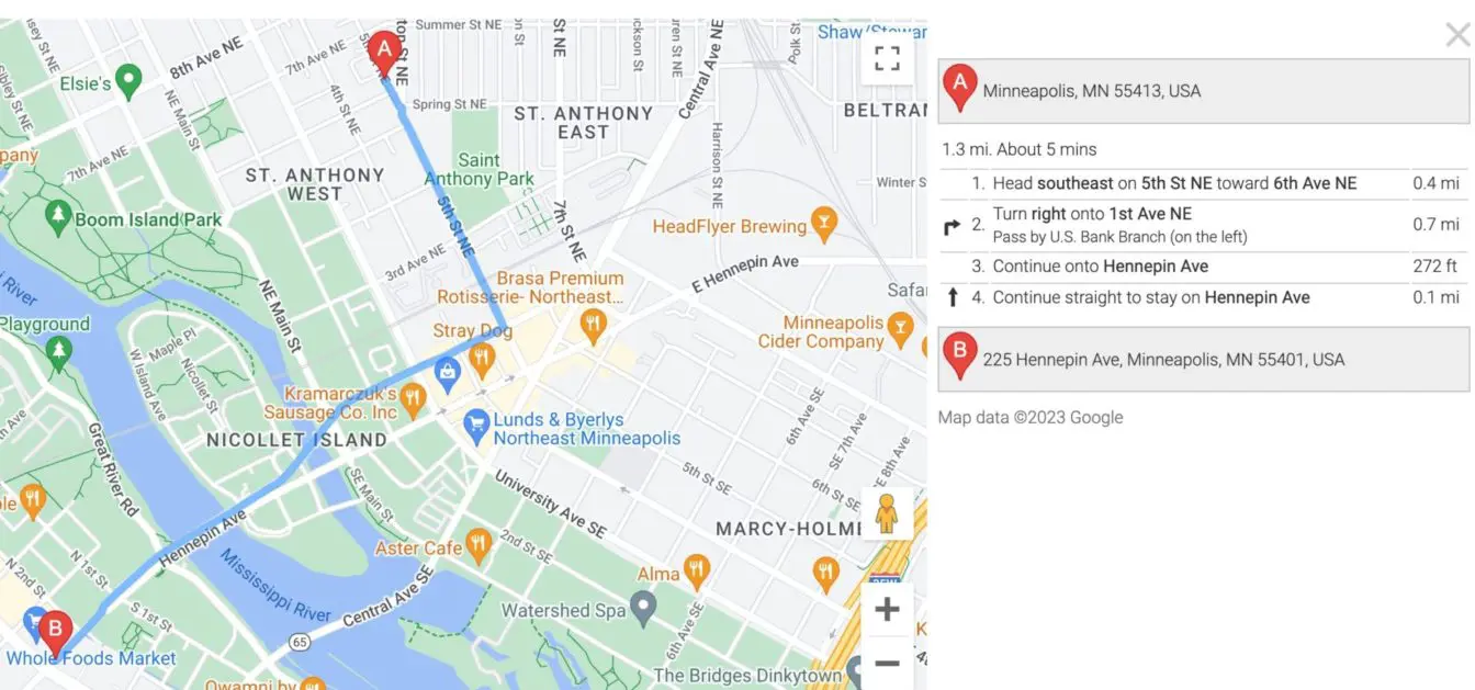 Inline directions from origin to destination modal view